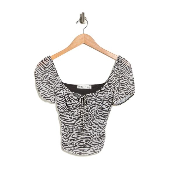ELODIE NEW $25 Tie Gathered Mesh Top in Black White Zebra XL - Picture 1 of 3